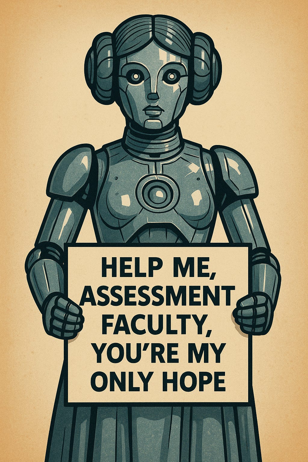 A vintage-style digital illustration features a heroic robot princess holding a sign that reads, "HELP ME, ASSESSMENT FACULTY, YOU'RE MY ONLY HOPE." The robot has a sleek, feminine metallic body with articulated arms and fingers. Her head is designed with two circular side elements resembling futuristic hair buns, and her large, expressive eyes give a sense of urgency. She stands against a warm, beige-toned background, evoking the look of a retro propaganda poster. The bold black text on the cream-colored sign contrasts clearly, emphasizing the plea for support.