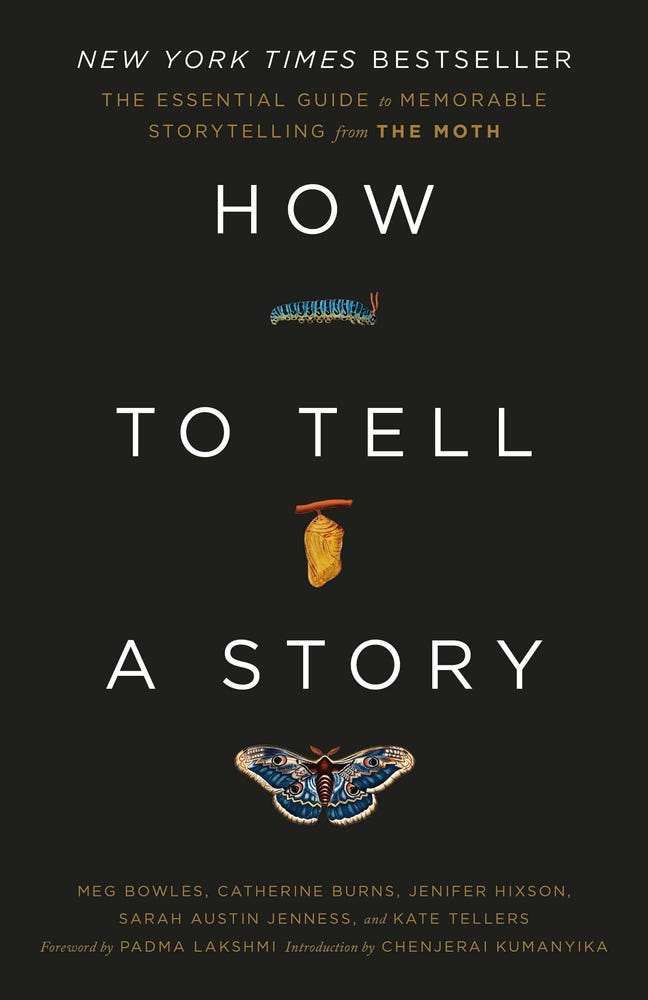 Book cover for The Moth: How to Tell a Story. Black background with white type.