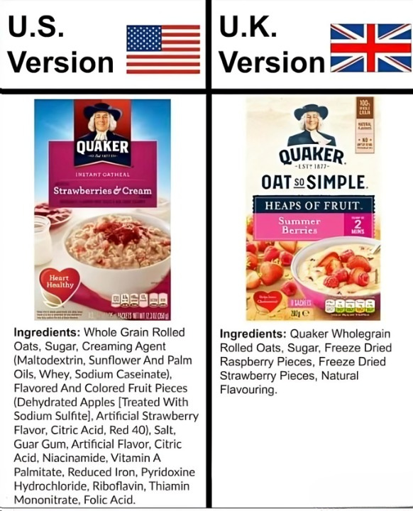 Comparison between U.S. and U.K. versions of Quaker oatmeal, showing differences in ingredient lists.