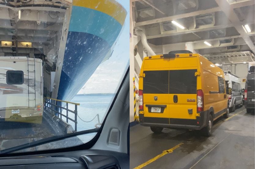 Two images side by side, the first taken from the passenger seat of our converted camper van while driving onto the Marine Atlantic ferry and the second of our van sitting inside the vehicle deck on the boat