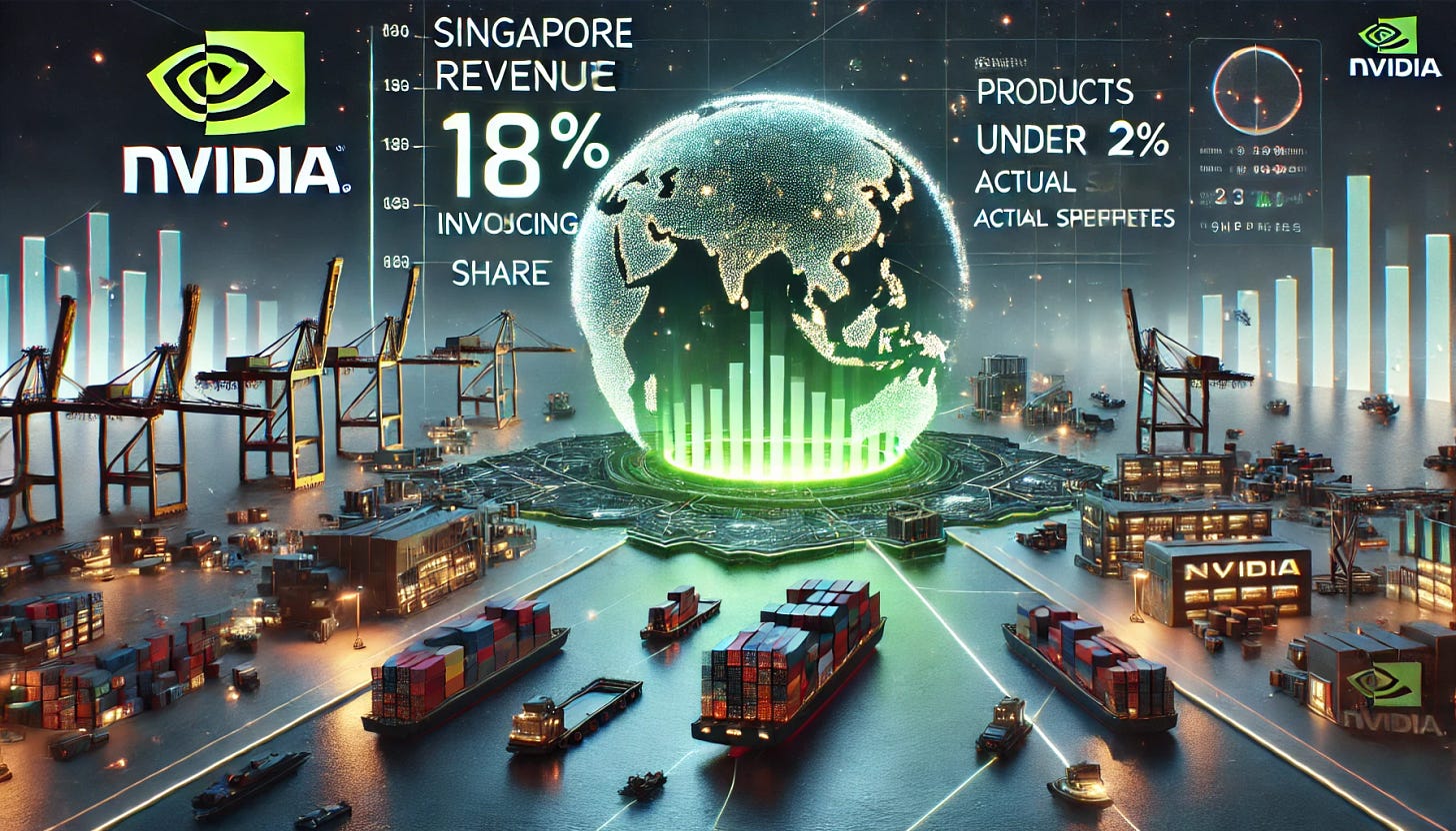 A 16:9 futuristic illustration showcasing Nvidia’s Singapore revenue clarification. The scene features a glowing Nvidia-branded financial report hologram with revenue distribution charts, highlighting the 18% invoicing share vs. under 2% actual shipments. A futuristic shipping and logistics hub symbolizes Nvidia’s global distribution, with AI-powered supply chain tracking systems in action. In the background, a digital map connects Singapore to other global destinations, emphasizing that most products billed in Singapore are shipped elsewhere. The atmosphere conveys transparency, global reach, and financial accuracy.