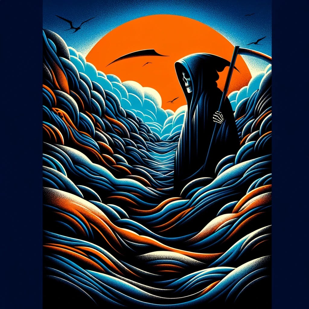 This is what ChatGPT thinks the Grim Reaper looks like. I told it to add some orange color to symbolize hope.