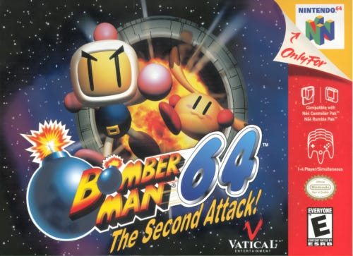 The cover of N64 game Bomberman 64: The Second Attack, featuring Bomberman and his Charabom partner, Pommy exploding into the foreground, in space.