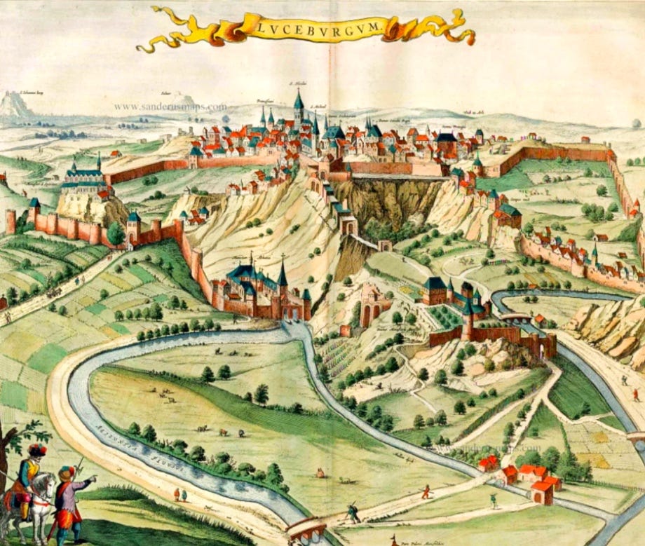 A 17th century color drawing of a bird's-eye view of Luxembourg. 