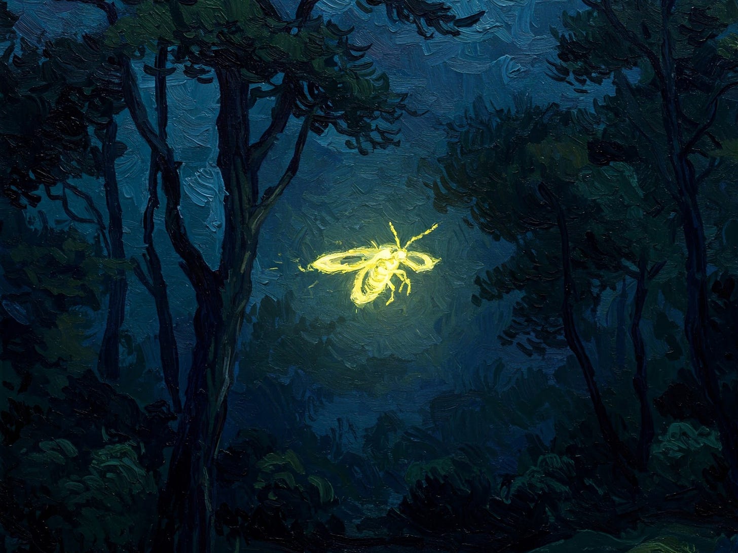 A firefly in the darkness. Generated with Google Gemini.