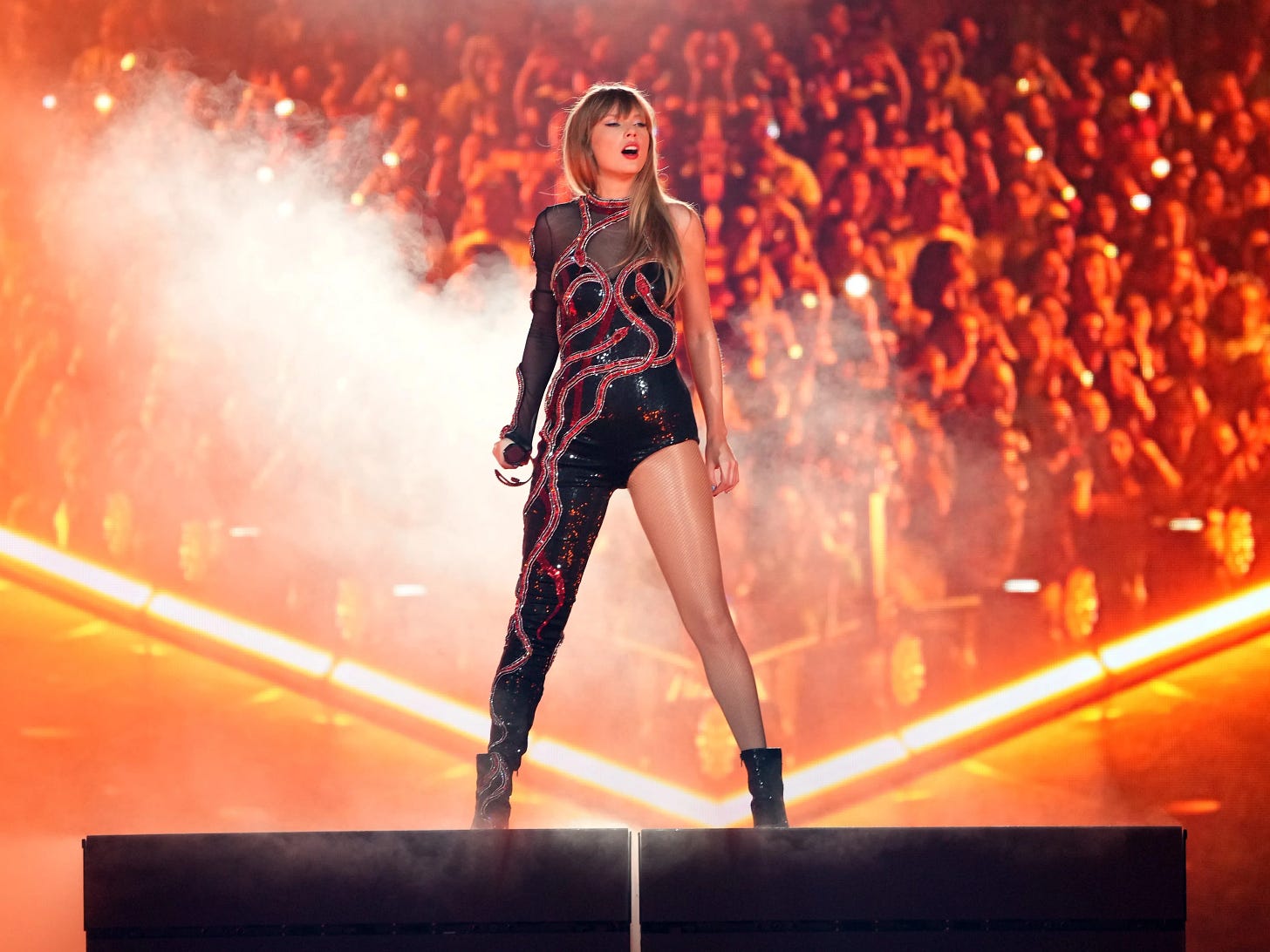 Taylor's Eras Tour Reputation costume. Black with one sleeve and one leg, covered with a red snake.