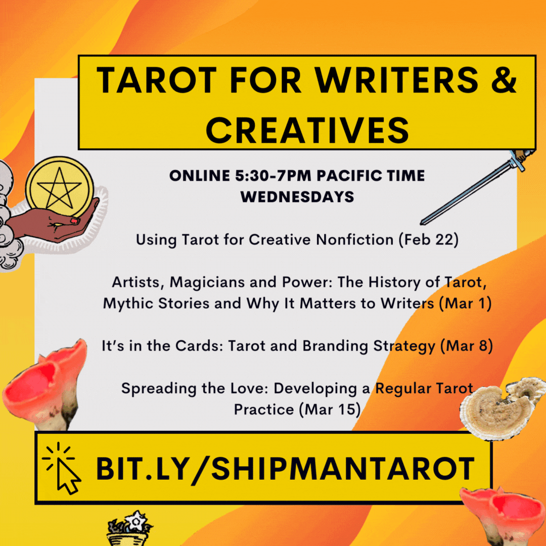 A GIF about the Tarot for Writers class with information written in text. This text can be accessed at the Shipman Agency link