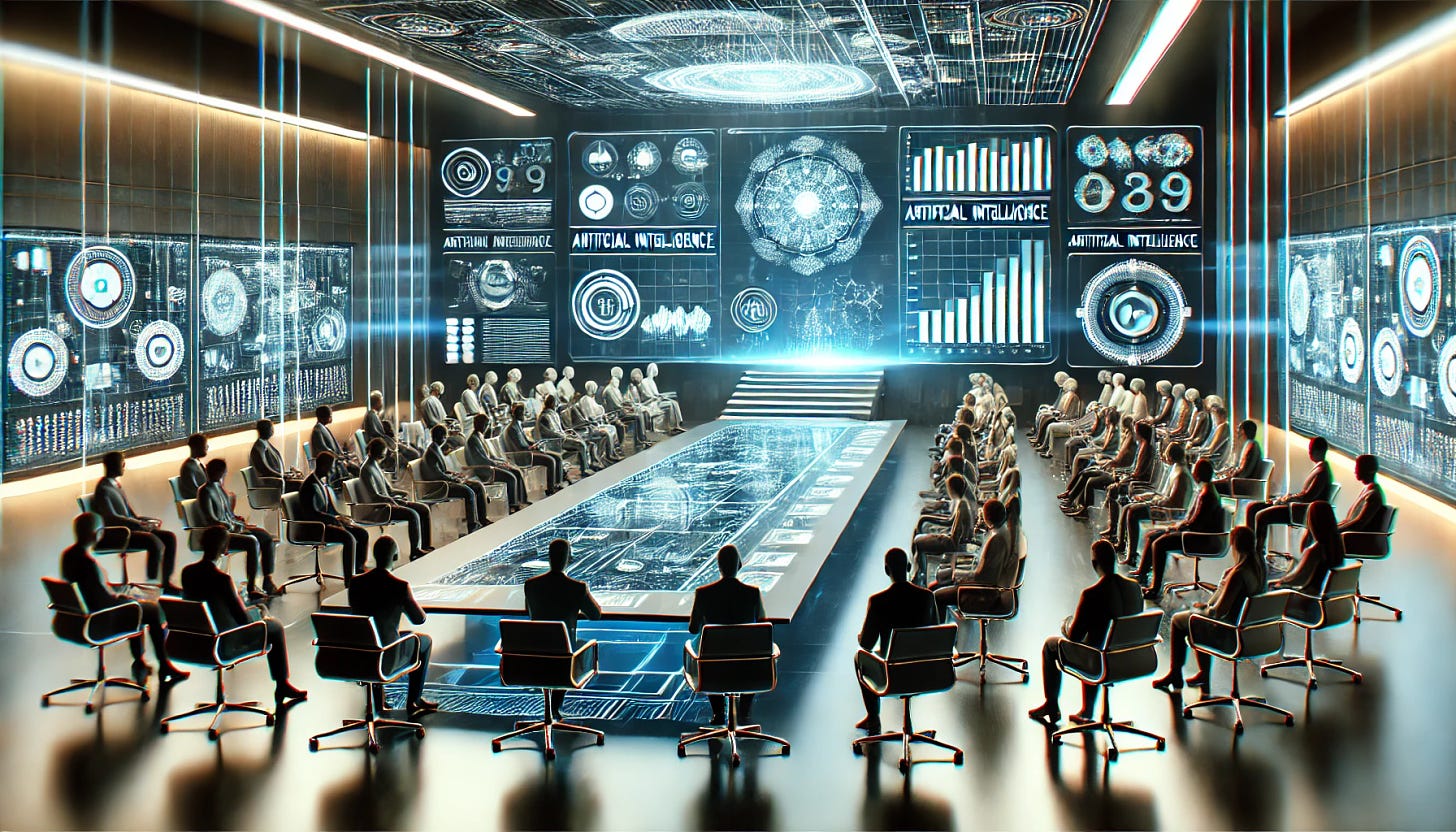 A futuristic conference room filled with people attending a presentation on artificial intelligence. The room is equipped with advanced technology, and large screens display data and statistics. The atmosphere is professional and modern, with sleek, high-tech furnishings. The image is in a 16:9 aspect ratio, emphasizing the widescreen format and detailed setting.