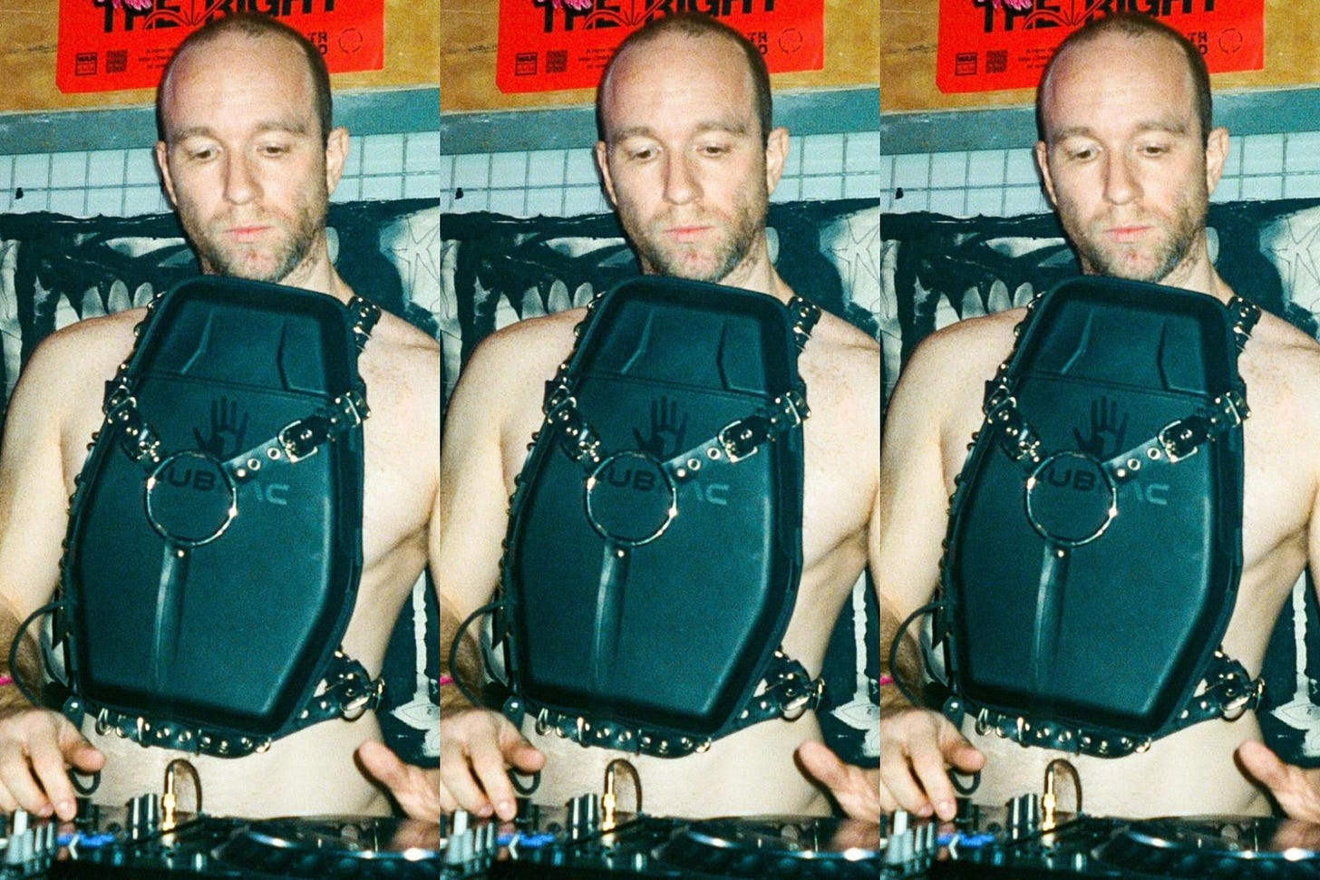 Three vertical images are repeated to make a horizontal image. A white DJ is at the decks with a Subpac bass backack strapped to his chest under a leather harness.