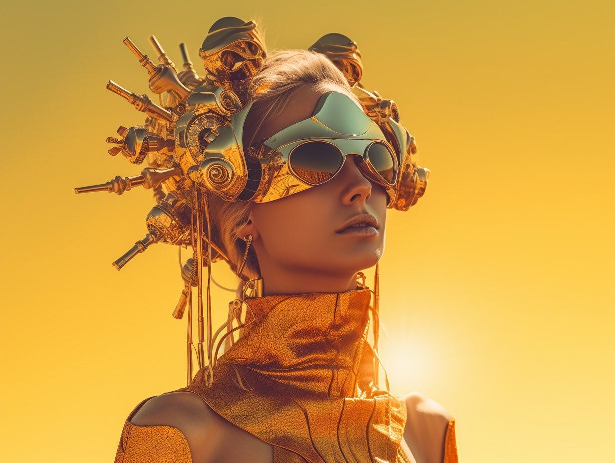 Cyborg-punk Sun Worshipper with a solar panel on her head ::3 magazine editorial style photograph ::2 Stunningly beautiful ::1 32K