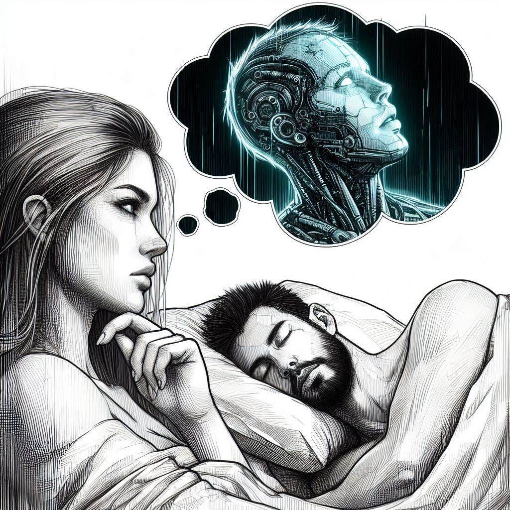 woman looking at dreams of sleeping husband, cyberpunk drawing style