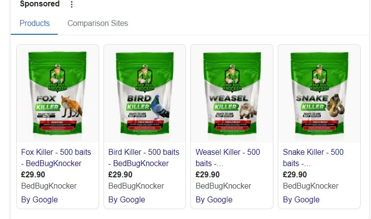 Google ads for numerous poisons that would be illegal to use in the UK including fox killer baits