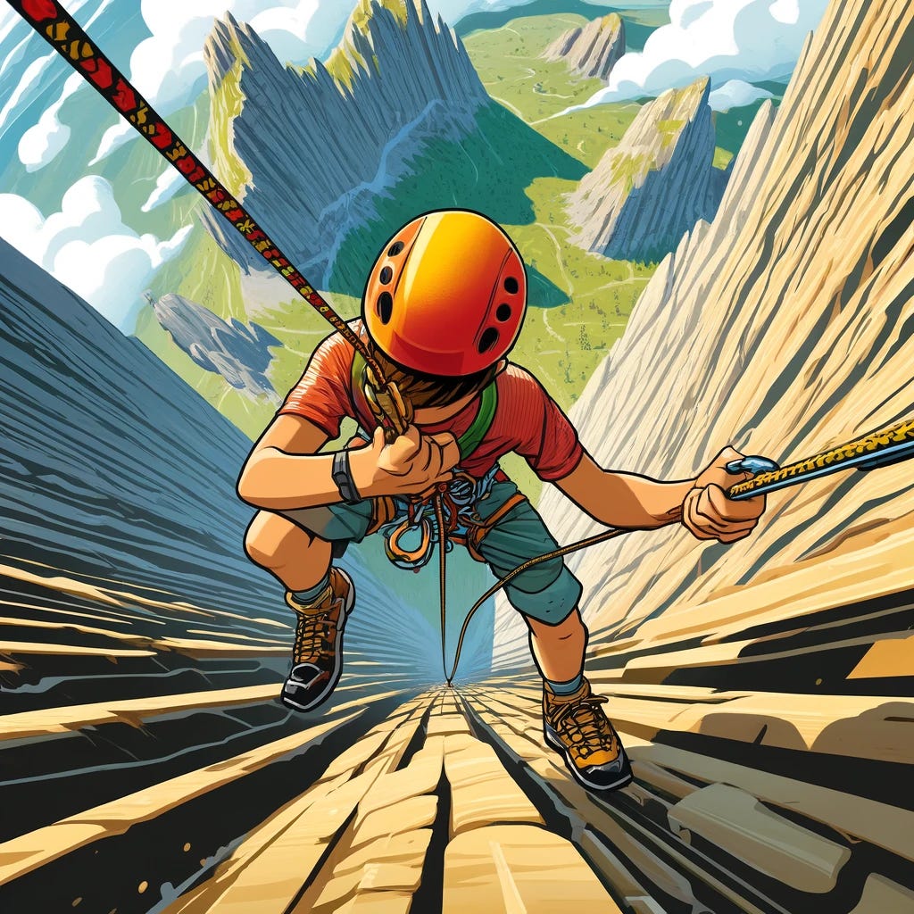 A cartoon depicting a young boy climbing a steep, vertical mountain side, viewed from above. The boy is dressed in a colorful climbing outfit with a helmet, gripping a rope tightly in one hand and holding an axe in the other. The perspective is top-down, showing the rugged mountain terrain below him with sparse vegetation. The sky surrounds the mountain edges, emphasizing the height and isolated nature of the climb. The style is vivid and dynamic, suitable for a thrilling adventure theme.