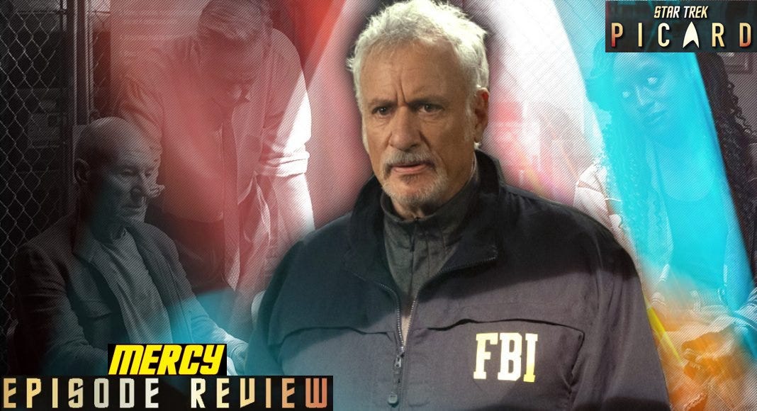 This banner shows a collage of images from "Mercy," the eighth episode of Star Trek: Picard's second season. John de Lancie's Q, dressed in an FBI jacket, stands in the center, while Admiral Jean-Luc Picard (played by Sir Patrick Stewart) and FBI Agent Martin Wells (played by Jay Karnes) appear on the left. Young Guinan (played by Ito Aghayere) appears on the right. The series title occupies the top-right corner, while the words "Mercy Episode Review" occupy the bottom-left corner. This banner shows a collage of images from "Mercy," the eighth episode of Star Trek: Picard's second season. John de Lancie's Q, dressed in an FBI jacket, stands in the center, while Admiral Jean-Luc Picard (played by Sir Patrick Stewart) and FBI Agent Martin Wells (played by Jay Karnes) appear on the left. Young Guinan (played by Ito Aghayere) appears on the right. The series title occupies the top-right corner, while the words "Mercy Episode Review" occupy the bottom-left corner.