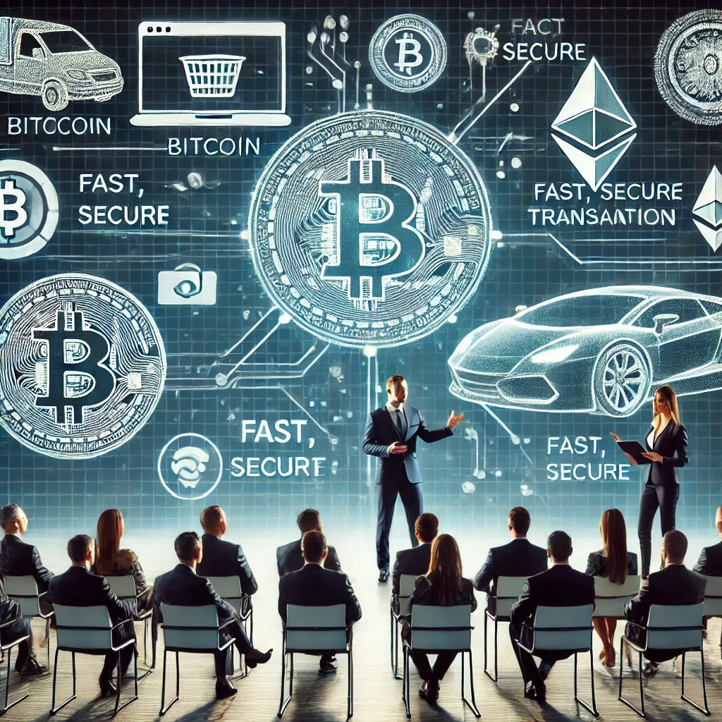 A professional presentation about cryptocurrency payments in business. Show business professionals discussing on stage with digital screens displaying cryptocurrency symbols (Bitcoin, Ethereum) and fast, secure transaction icons. Include references to online marketplaces and car industry symbols. Modern, professional atmosphere with shades of blue and white.
