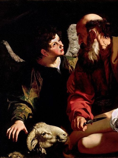 Sacrifice of Isaac" (detail), c.1603, Caravaggio.