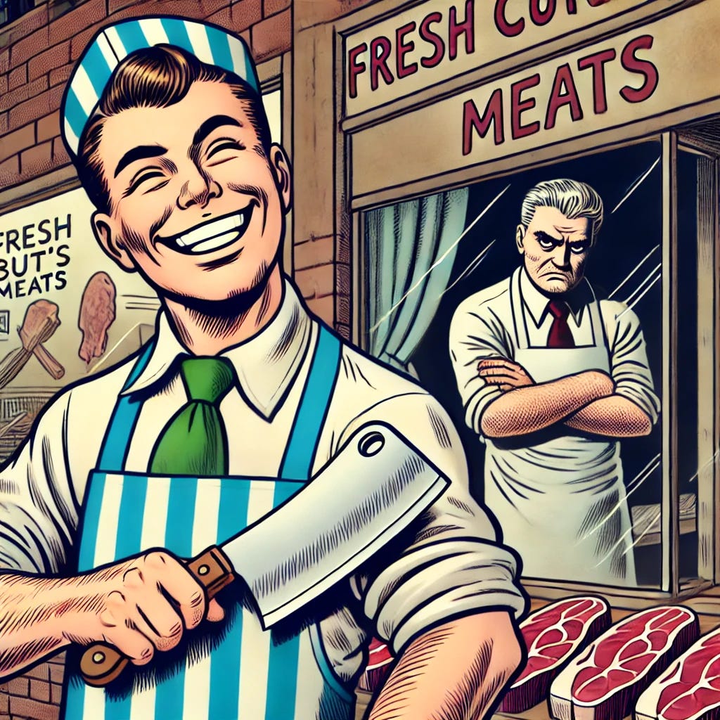 A comic-style scene featuring two butchers. The butcher in the front, a cheerful and smiling man, is happy as he stands in his butcher shop holding a cleaver, while the butcher in the background, visible through a window, is sad and frowning. The happy butcher is in a bustling shop with customers, while the sad butcher in the background watches from across the street, looking defeated as his competing shop 'Fresh Cuts' takes business away. The style is consistent with the original comic of 'Butcher Bob's Meats.'