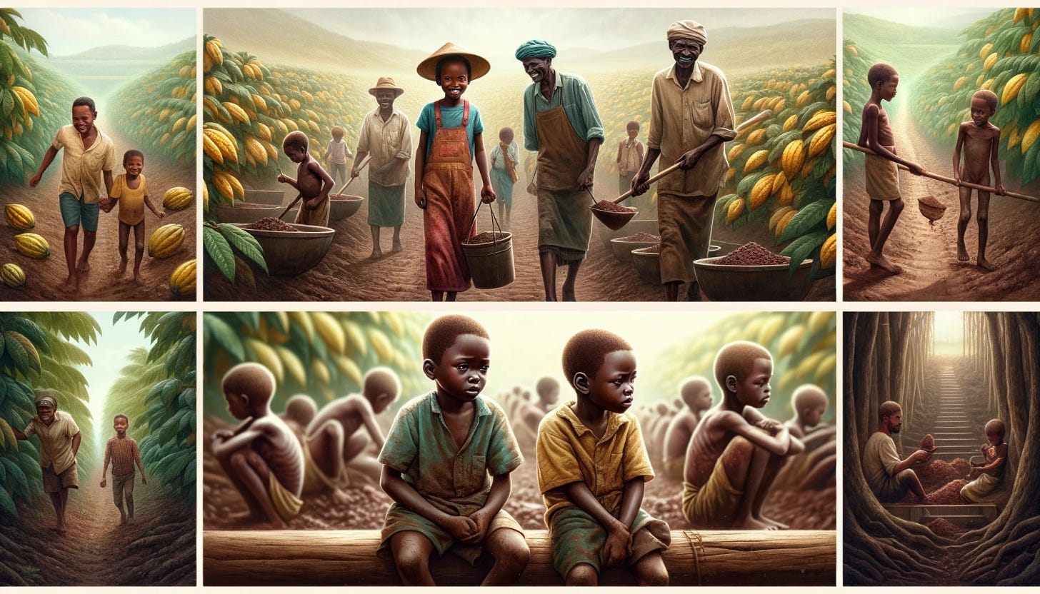 A triptych image depicting different variations of child labor in the cocoa industry. The first panel shows a happy child working alongside their father on a cocoa farm, symbolizing a positive, traditional family labor scenario. The second panel portrays a child working alone, with a somber expression and subtle signs of being trafficked, like isolation and a lack of safety equipment, illustrating the exploitative side of child labor. The third panel features a child working independently on a cocoa farm, not forced but out of necessity for survival, possibly an orphan, with a determined but tired expression. Each panel captures the unique circumstances and emotions of the children, set against a backdrop of cocoa farms. The overall tone conveys the diverse realities of child labor in the cocoa industry.
