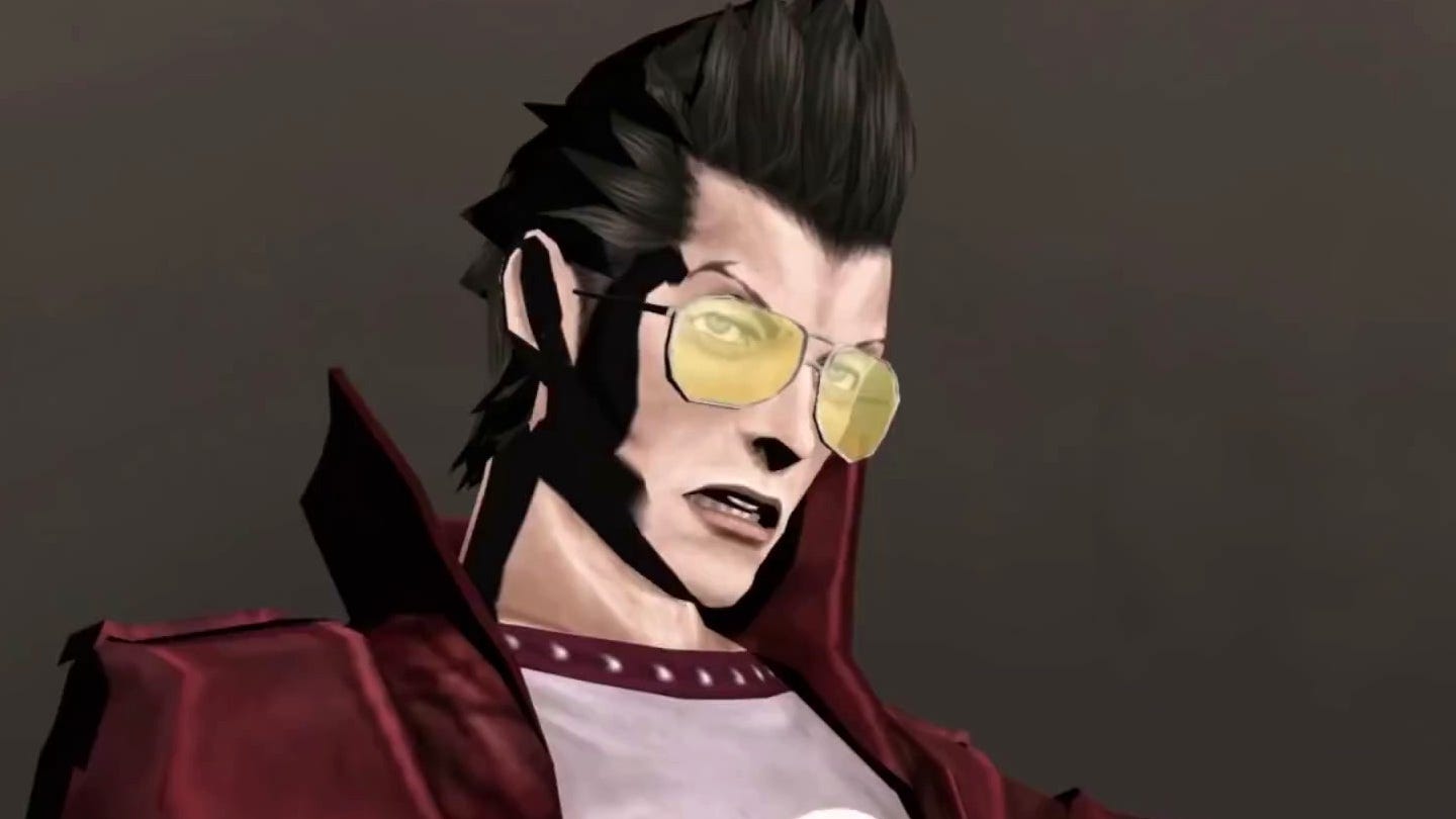 A screenshot of a zoomed-in shot of No More Heroes protagonist Travis Touchdown, in his red jacket, sunglasses, and spiked hair, probably about to say something offensive or at least vulgar.