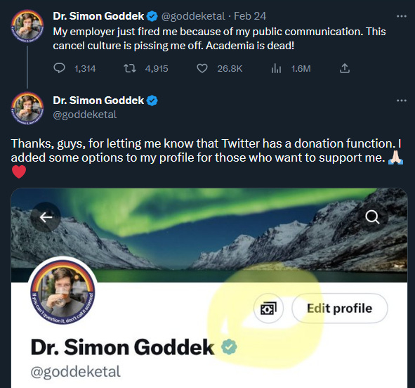 Simon tweets that he has been fired for his pro-COVID, anti-science Tweets, and begs his followers for donations via Twitter.