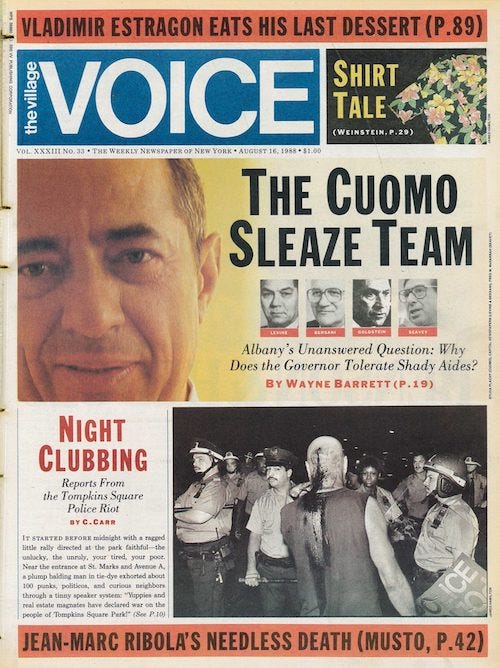 The cover of the August 16, 1988 edition of the Village Voice, featuring headlines "THE CUOMO SLEAZE TEAM" AND "NIGHT CLUBBING: Reports from the Tompkins Square Police Riot"
