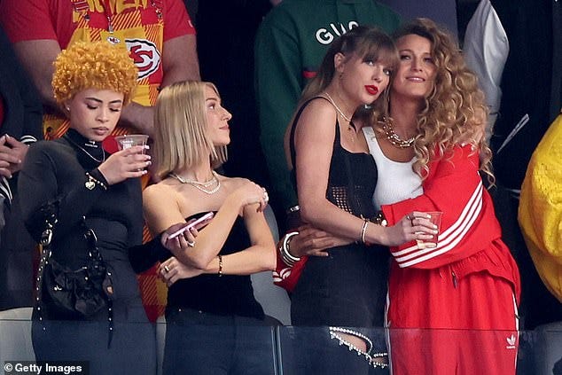 Now, a source tells the Daily Mail that Swift is in hiding - as she battles against being dragged into her long-time friend Blake Lively's messy legal spat with Justin Baldoni. (Swift pictured at last year's Super Bowl with Lively, right, and pal Ice Spice, far left).