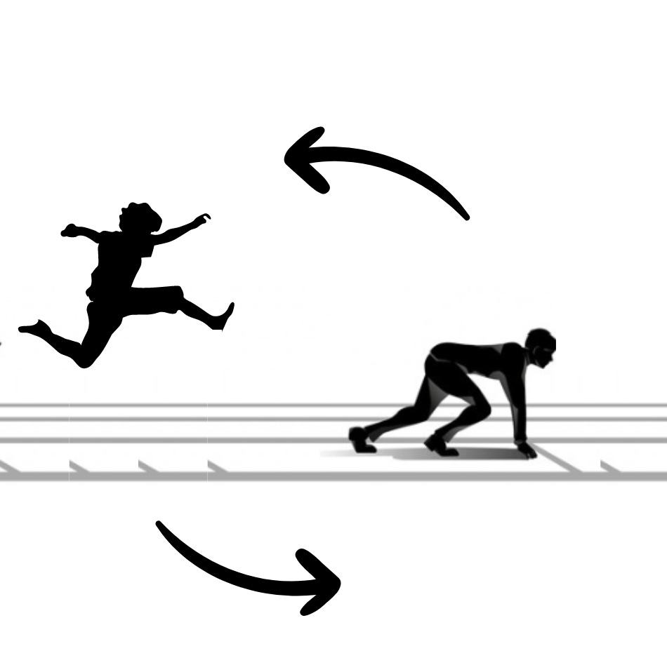 Vector image resonating with the title: Leap, Reset, Repeat. The image has a person in 2 phases: one in a leaping stance and another in a ready position with arrow marks suggesting a cyclic motion