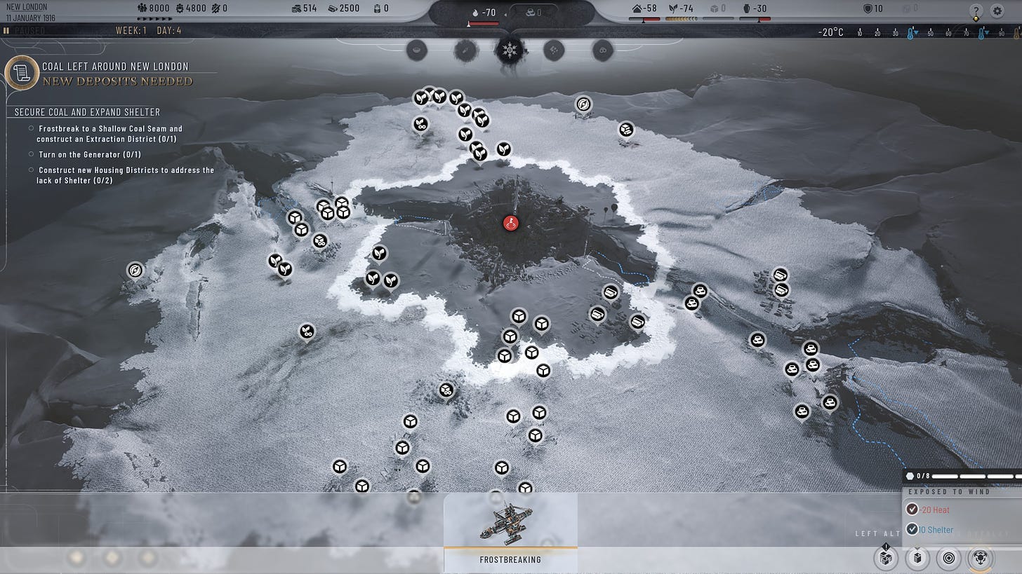 A screenshot of Frostpunk 2 showing the resources available in a level and the frozen ground to be frostbroken.