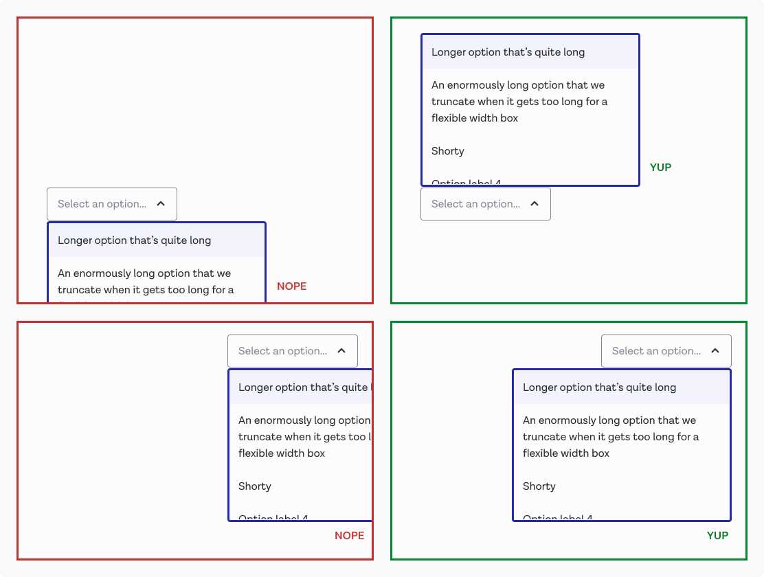 A grid of 4 examples showing options lists occluded by the edge of a box as a bad example, and how they're expected to show as good examples. e.g. a list cut off at the bottom would reorient itself to showing above the select instead of below it.