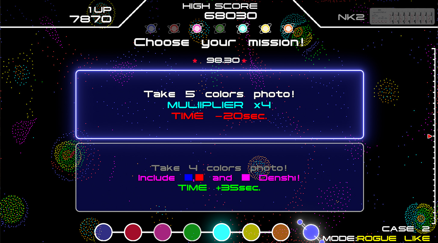 A screenshot of the mission select from the roguelike mode of Denshi Life 2. Here, you can choose between taking a five-color photo and earning a 4X multiplier at the cost of 20 seconds of time, or, you can take a four-color photo that includes blue, red, and purple denshi, and will get you an additional 35 seconds.