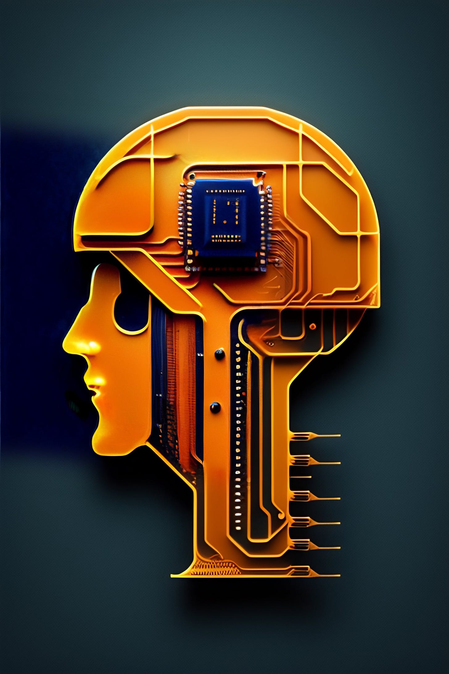 Minimalist logo icon of a robot head made of pcb, brain, chip