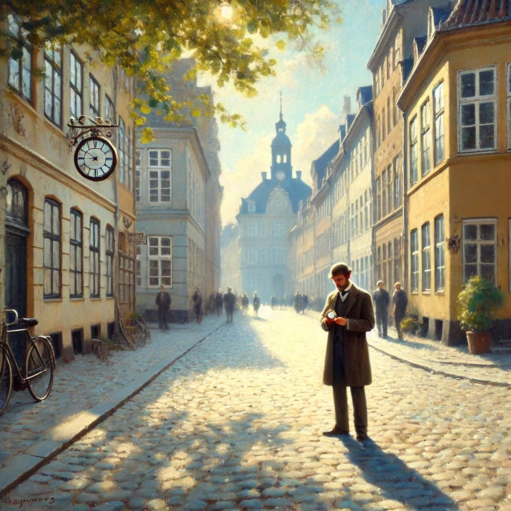 An impressionistic oil painting in the style reminiscent of Fritz Syberg, showing a man standing in the middle of a cobblestone street, holding and gazing at his pocketwatch. The scene is bathed in soft, dappled sunlight, creating a serene and peaceful atmosphere. The backdrop features old European buildings with charming architecture, reflecting the historic beauty of Copenhagen. A street name sign is visible on one of the buildings, replacing any other text or letters. The color palette is gentle and pastel-like, with soft hues of greens, yellows, and blues, capturing the essence of a peaceful, sunny day. The mood is calm and reflective, as the man pauses in the midst of his journey.