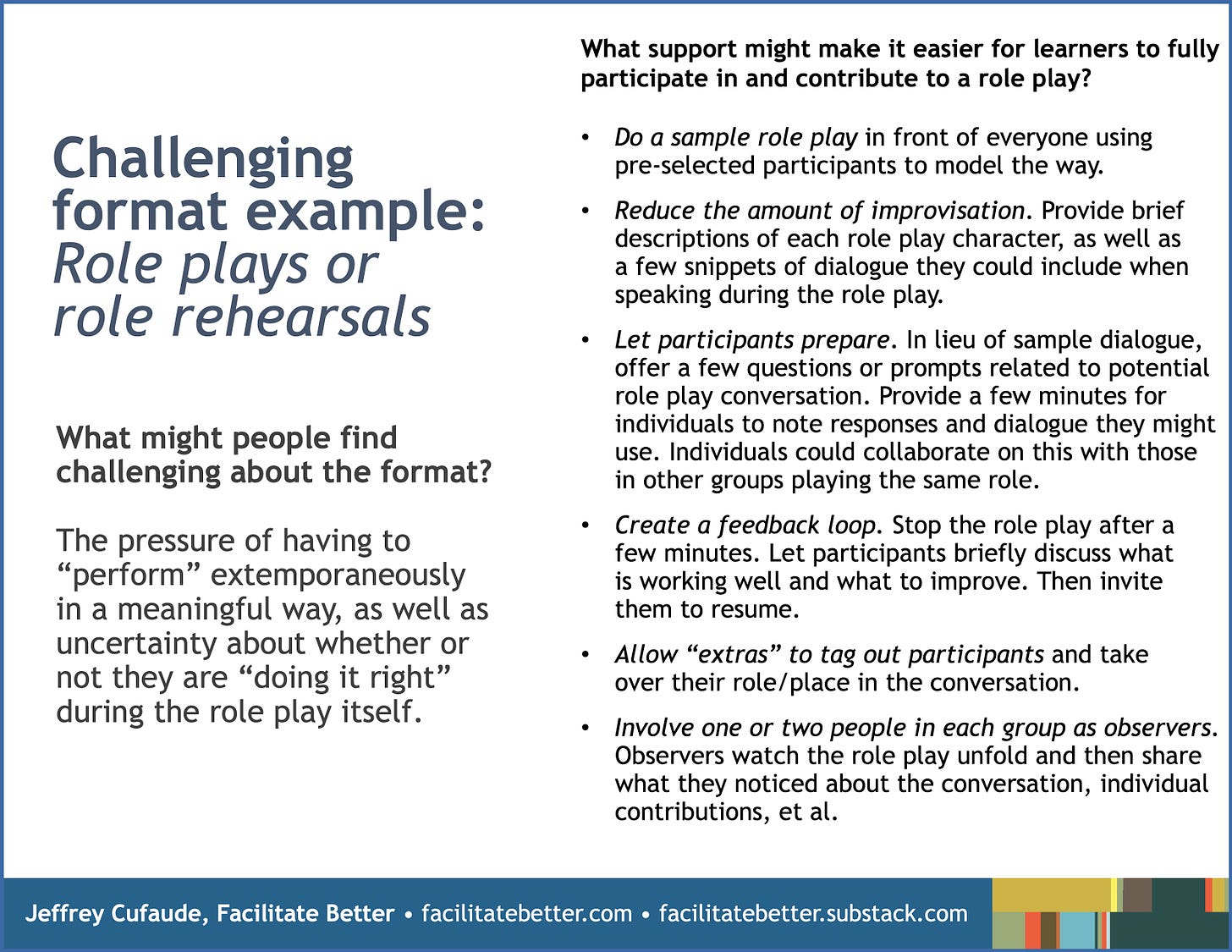 Challenging format example: Role plays or role rehearsals  What might people find challenging about the format?  The pressure of having to “perform” extemporaneously in a meaningful way, as well as uncertainty about whether or not they are “doing it right” during the role play itself. What support might make it easier for learners to fully participate in and contribute to a role play?  •Do a sample role play in front of everyone using pre-selected participants to model the way. •Reduce the amount of improvisation. Provide brief descriptions of each role play character, as well as a few snippets of dialogue they could include when speaking during the role play. •Let participants prepare. In lieu of sample dialogue, offer a few questions or prompts related to potential role play conversation. Provide a few minutes for individuals to note responses and dialogue they might use. Individuals could collaborate on this with those in other groups playing the same role.  •Create a feedback loop. Stop the role play after a few minutes. Let participants briefly discuss what is working well and what to improve. Then invite them to resume. •Allow “extras” to tag out participants and take over their role/place in the conversation. •Involve one or two people in each group as observers.  Observers watch the role play unfold and then share what they noticed about the conversation, individual contributions, et al.