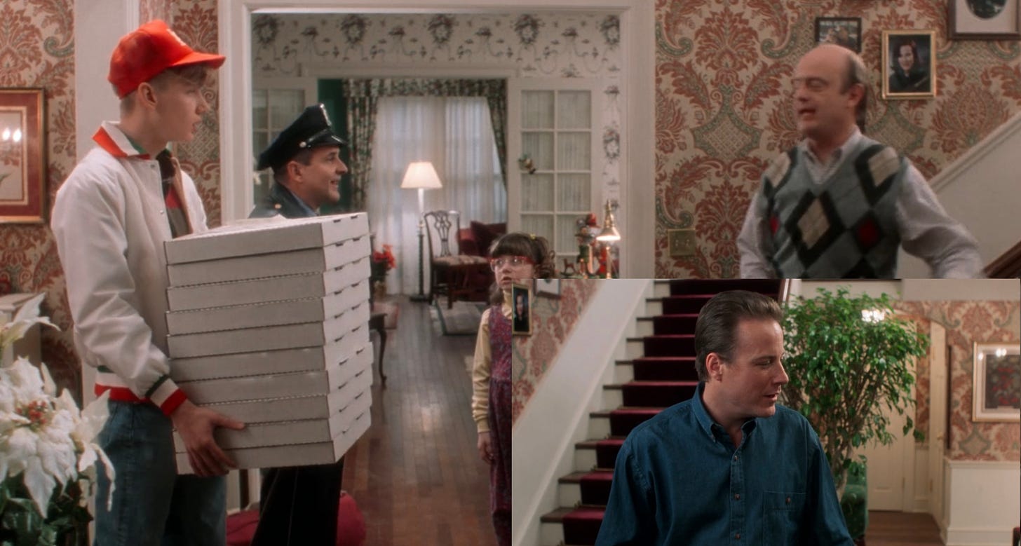 The foyer of the house in the movie "Home Alone." There are multiple wallpapers visible - red dominant and green dominant. The stairs are covered in a dark red carpet. There's a fake plant by the staircase. (Screenshot of the scene with Joe Pesci and the pizza guy standing by the door, with an inset of the pizza guy's payment conversation.)