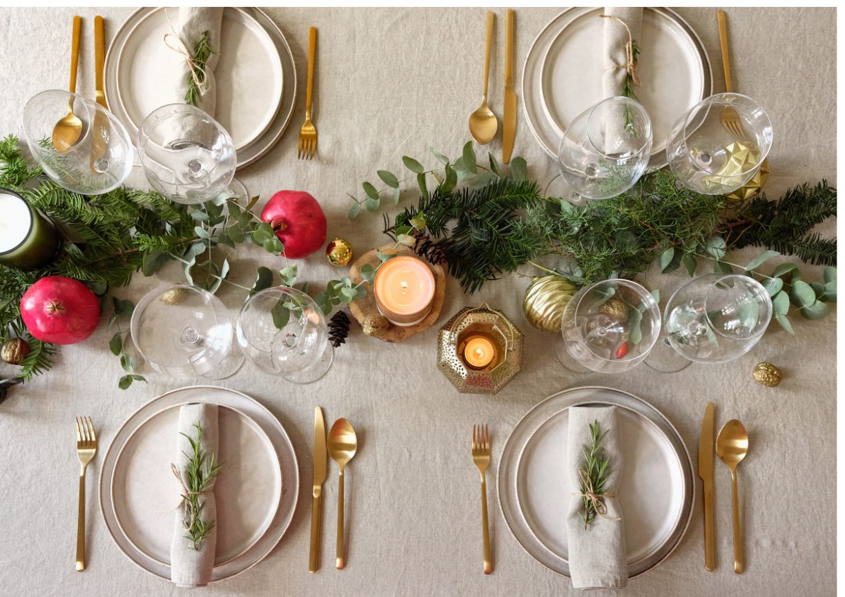 Top view photo of a decorated Christmas dinner table but with no food.