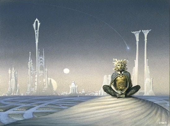 Preliminary concept for THE MARTIAN CHRONICLES featuring a solitary figure wearing an ornate mask with hands resting on their lap as they sit cross-legged on a raised dune. A contrail arcs overhead toward two towers. In the immediate background a plain is marked with paths of intersecting arcs. On the horizon, a futuristic city rises in elegant towers. A large moon is mostly obscured while a smaller circle hovers in the nearby sky.