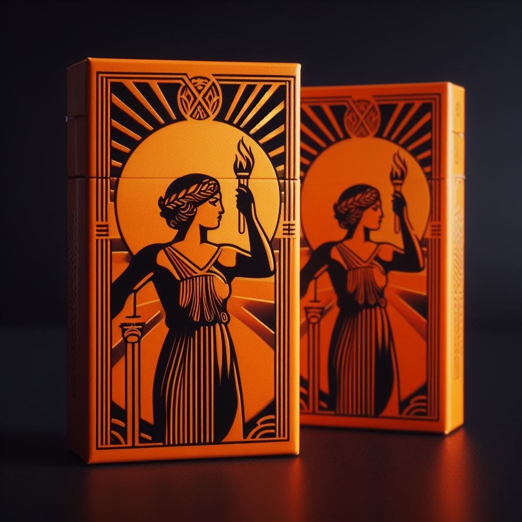 Orange Pack of Cigarettes with Art Deco Design of a Roman Woman Holding a Torch called Vesta 