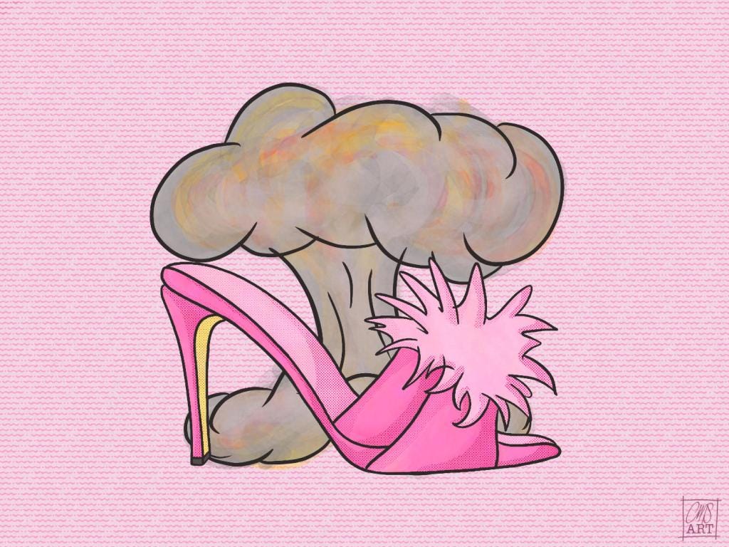 Pink high healed opentoed and open backed shoe with puff on strap. the shoe is in front of an atomic bomb cloud. and the whole illustration is on a pink patterned background.