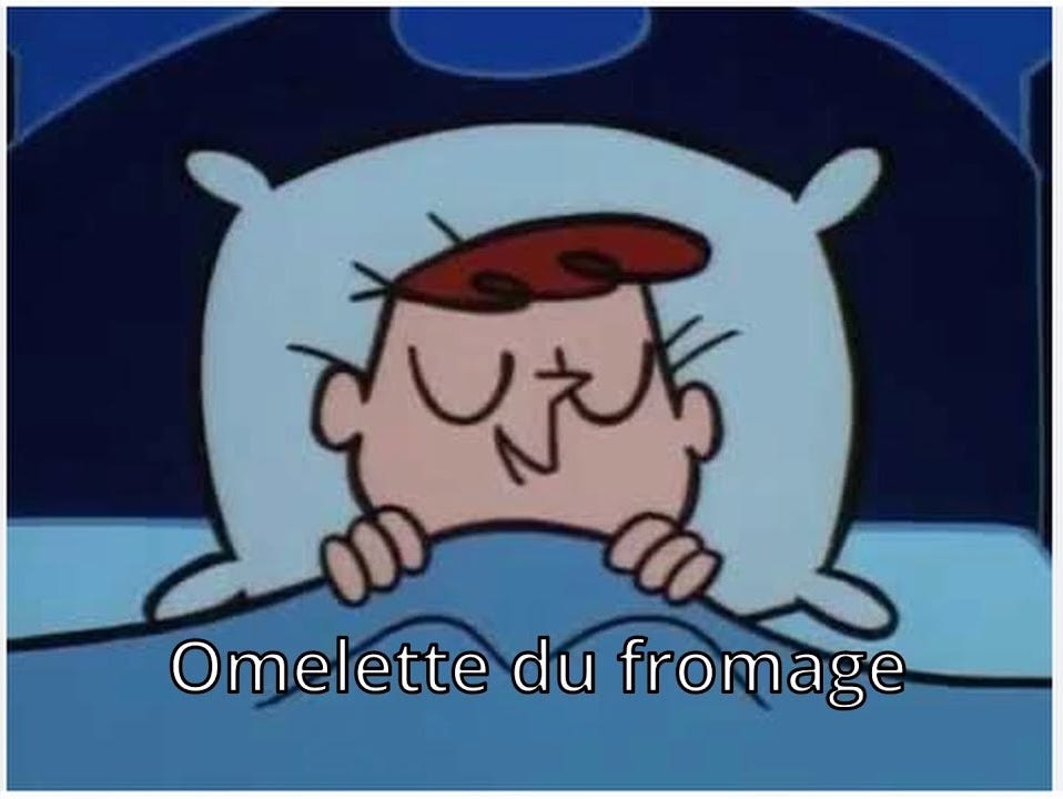 Dexter listening to 'Omellete du fromage'