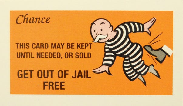 An imagine of Monopoly's "get out of jail free" card