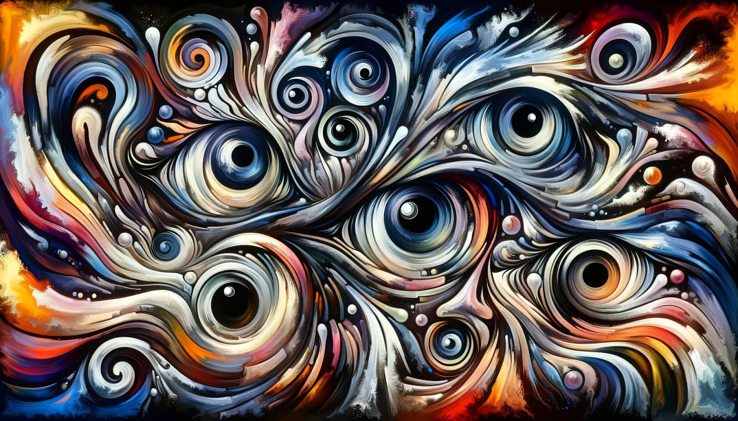 Create an abstract piece of art in a 16:9 aspect ratio that visually interprets the theme from a blog post. The artwork should represent the turmoil of a psyche grappling with self-criticism and the feeling of being watched. Use swirling patterns and fragmented shapes to depict the chaos of thoughts. Include eyes, both open and closed, symbolizing the perceived scrutiny and introspection. The colors should be a mix of dark and bright tones, reflecting the contrast between fear and awareness. This abstract representation should convey the sense of being 'hesitant to get naked in one's own shower', a metaphor for the fear of self-expression and the internal struggle against one's own critical voice.