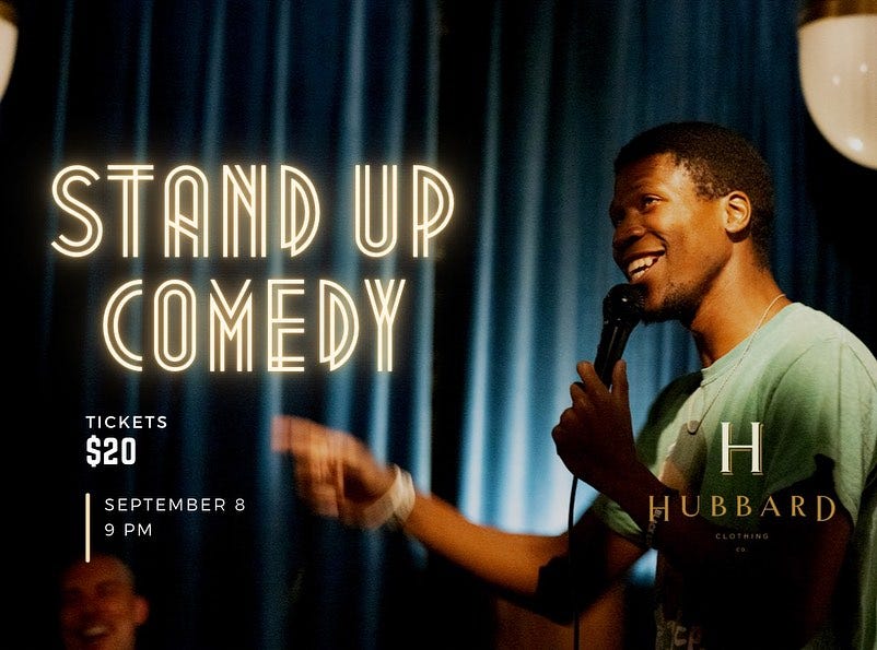 May be an image of 2 people and text that says 'STAND UP COMEDY TICKETS $20 SEPTEMBER PM Η HU BB ARD'