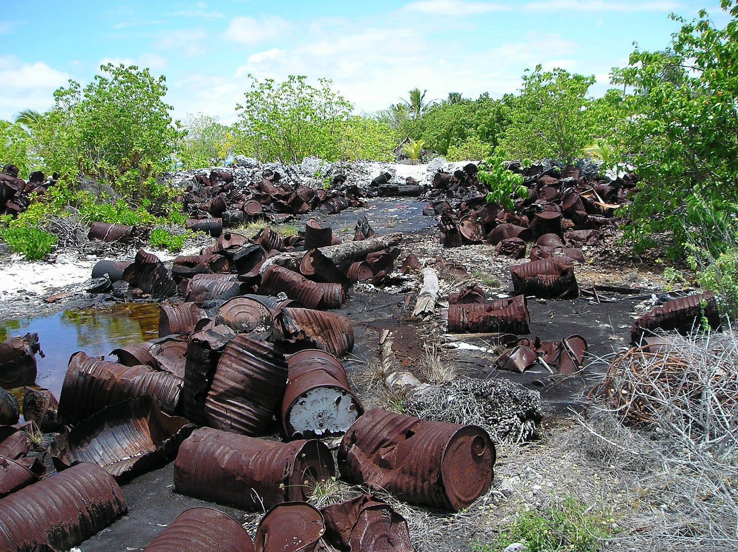 Over forty years after testing finished, hazardous military including significant bitumen spills and over 350 metric tonnes of asbestos-containing materials littered Kiribati © Safety & Ecology Corporation Ltd.