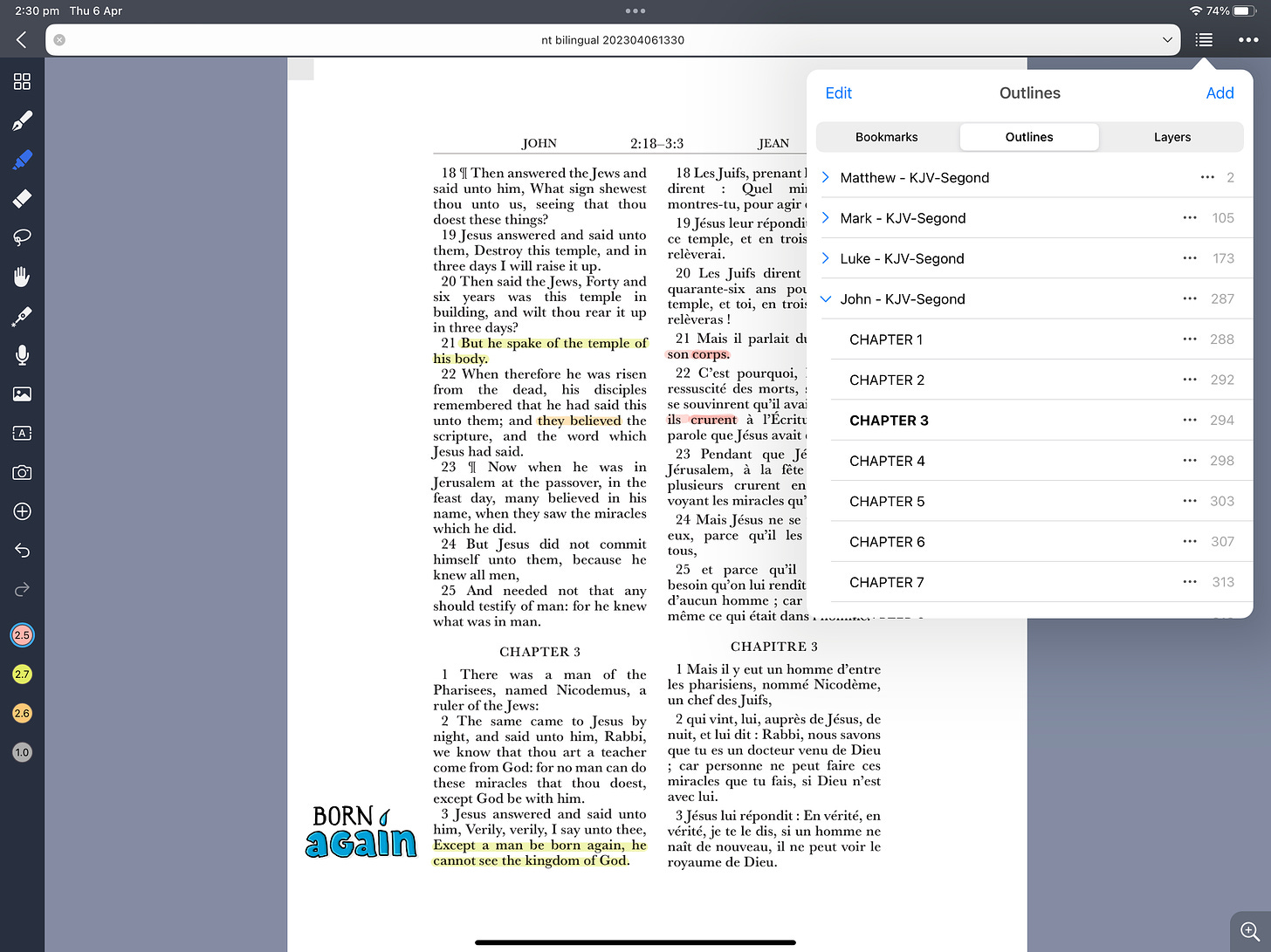 Screenshot of iPad screen showing a page of the Bible with two columns; one in English, the other in French. There's a dropdown menu showing navigation links to specific chapters.