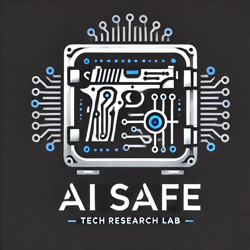 Design a sleek, modern logo for 'AI SAFE', a tech research lab. The logo should feature a stylized gun safe, symbolizing the company's focus. Incorporate AI and technology elements like a neural network pattern or digital circuits subtly into the design. The typography should be sharp and futuristic, emphasizing the 'AI' part distinctively to highlight the lab's specialization in artificial intelligence. The color scheme should be minimalist, using shades of gray, black, and hints of electric blue.