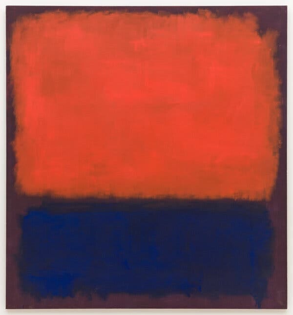 Mark Rothko’s “No. 14,” whose cloudy purple background supports a huge, diffuse square the color of a persimmon and, beneath it, a rectangle of metallic blue.
