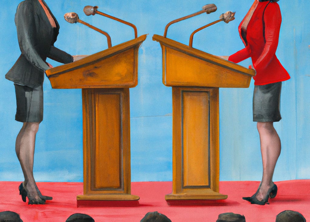 surrealist painting of a woman debating another woman at a conference standing at podiums via Dall-E