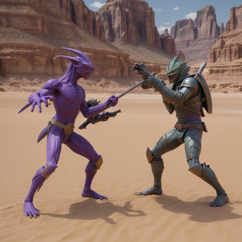 A lizard-soldier fighting a purple elf in a fantasy desert