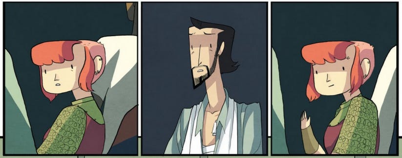 Three frames from the comic, showing Nimona looking over her shoulder, at Ballister, who's shown bandaged, with a sling over his neck, looking at her with a disheveled expression. Nimona gives him a small smile and waves her hand goodbye.