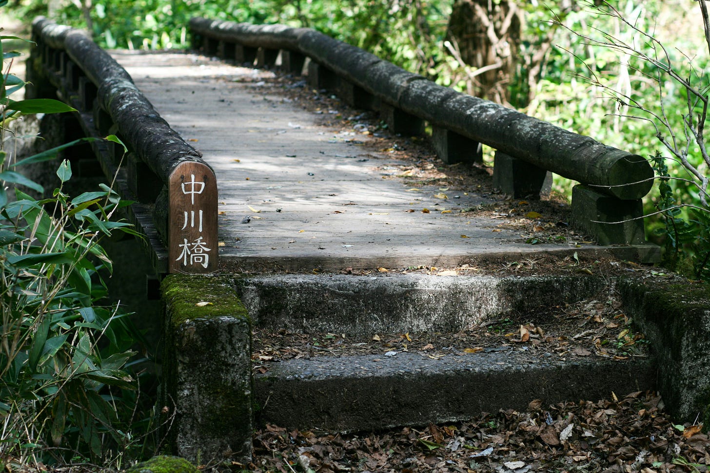 a bridge spans over a small stream in the green woods. the bridge has two steps leading up to it, with some white kanji characters on the left side carved into the brown bridge railing